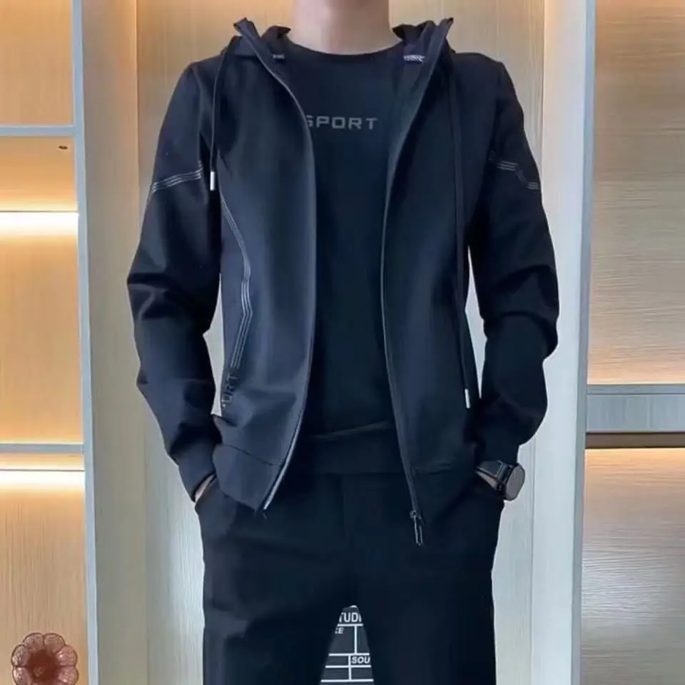 Men's Casual Three-Piece Set with Hooded Jacket 2025 Stylish New Autumn Winter Fleece Lined Simple Black Coat Trendy Outfit