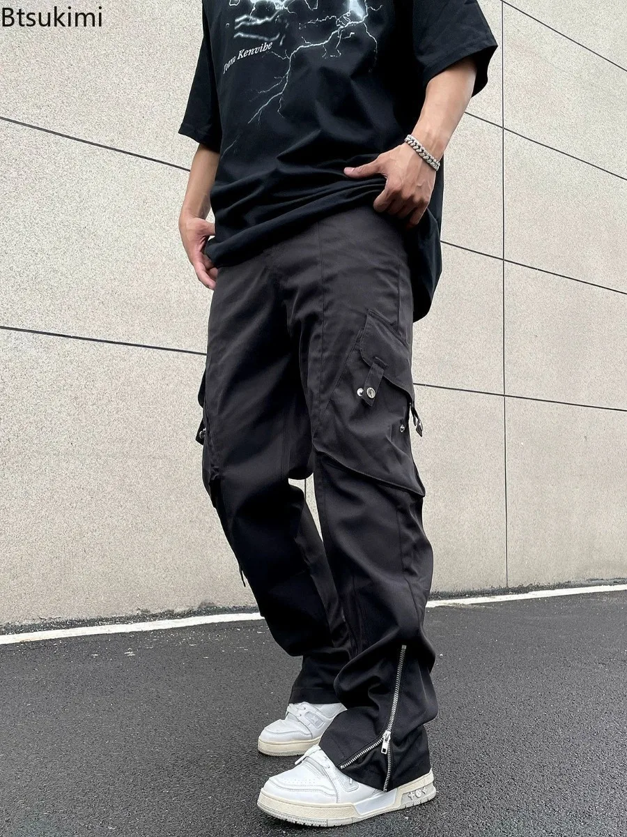 2025 Men's Zipper Loose-fit Straight-leg Casual Trousers American Style High Street Vibe Zip-up Cargo Pants Same Gender Design