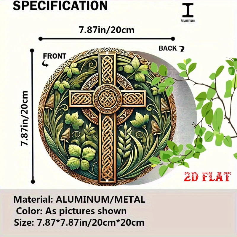 Round Sign with a Detailed 2D Flat Design Measuring 7.8X7.8 Inches, Featuring Green Leaves And a Celtic Cross,