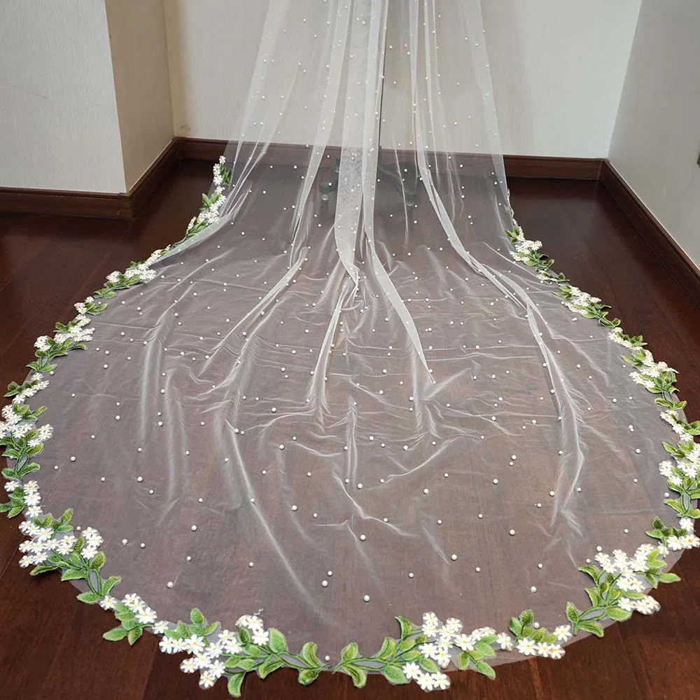 

Fairy Colorful Flower Lace Pearls Wedding Veil 1 Layer 3 Meters Long Bridal Veil with Comb Wedding Accessories Bride Veil