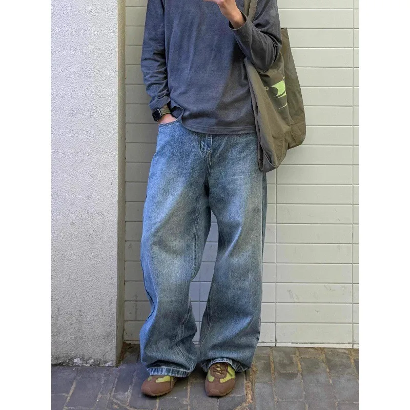 

American Retro Cleanfit Blue Straight Leg Jeans Men's Loose Wide Leg Drape Casual Long Pants Washed Effect Loose Fit Jeans