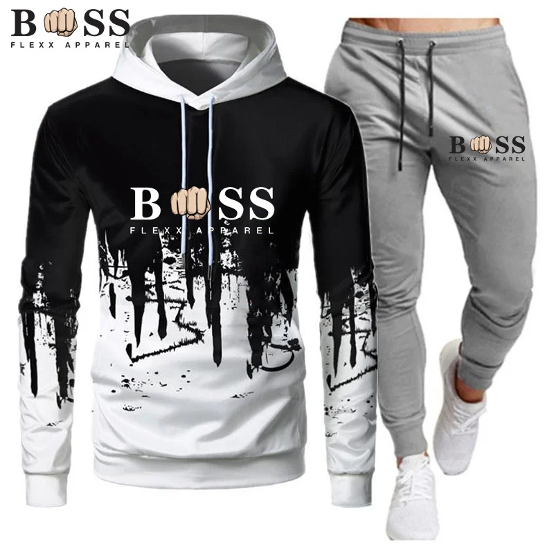 2023 Men\'s Printed Autumn Winter Hoodie and Pants Suit Sportswear Casual Slim Fit Men\'s Sports Shirt Jogging Sportswear