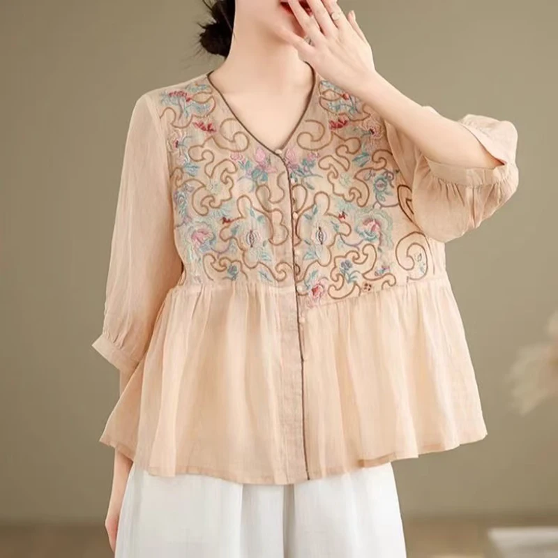 

Cotton and Linen Embroidered Shirt 2025 Spring Autumn New Retro Commuting Summer Artistic Loose Embroidered Mid Sleeved doll Top