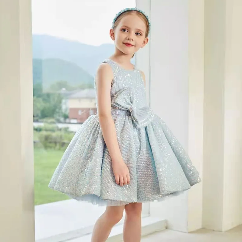 High Quality Baby Girls Princess Dress Bow Knot Luxury Shiny Blue Little Kids Birthday Wedding Party Nightgown