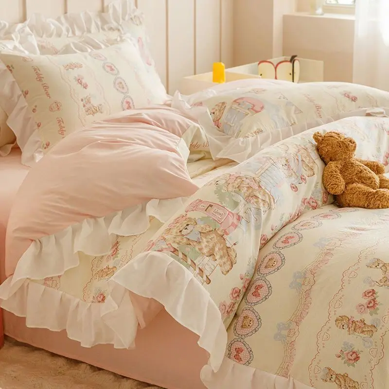 

Lolita Aesthetic Cute Bear Bedding Set, Lace Trim Girly 3/4 Pcs Fitted Sheet/Duvet Cover, Non-Cotton
