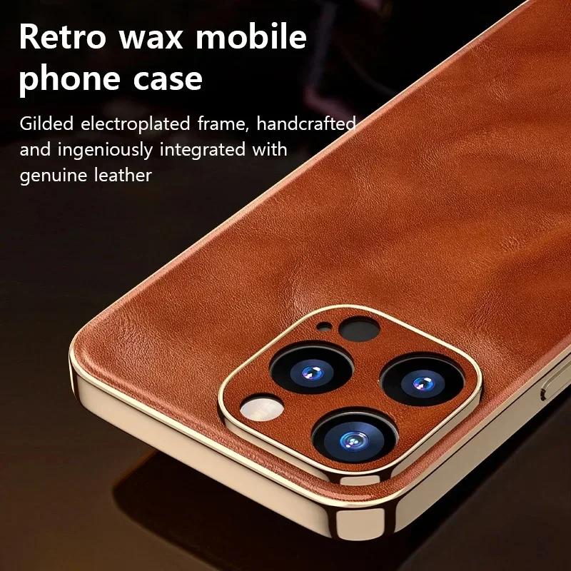 Genuine Oil Wax Leather Phone Case for iPhone 16 ProMax 15 14 13 12 11 Plus Luxury Soft Edges Shockproof Camera Protection Cover