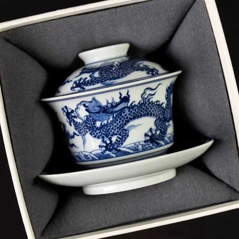 Sacred Mountain Antique-Style Blue And White Five Dragons Riding The Waves Three-Piece Jingdezhen Handmade Ceramic Set, Cup, Tea