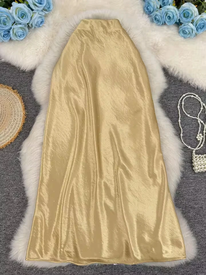 New 2026 Summer Solid Color Satin Rhinestone Silk Fish Tail Skirt Versatile Slimming Skirt