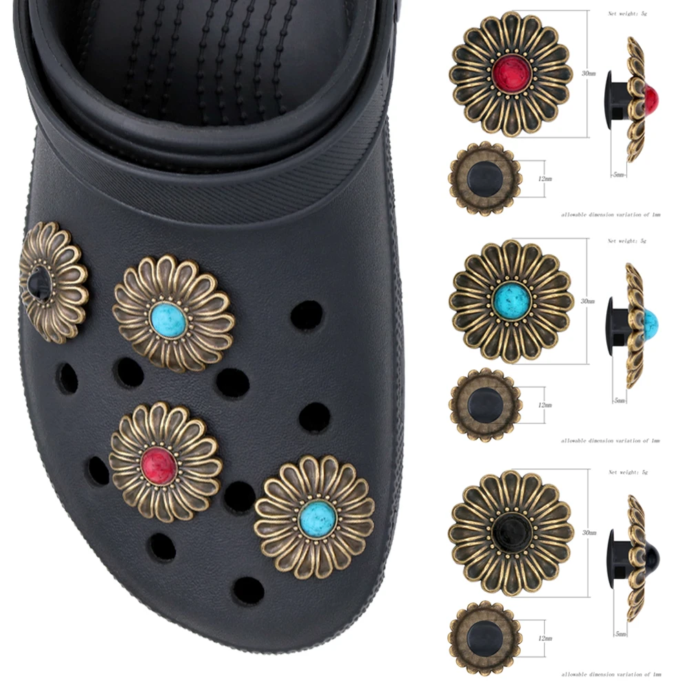 1 Pcs Shoe Decorations Sandalias De Metal Copper Color Flower Shoe Charms Pins Accesorios Pines Para Simulated Turquoise W-38
