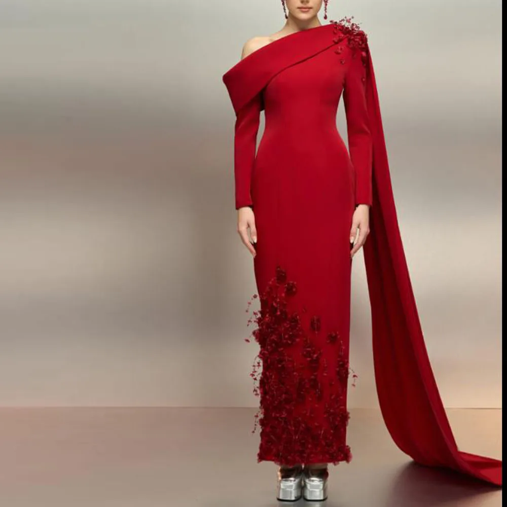 

Customized Off the Shoulder Evening Dresses with Cape Sleeve 3D Flower Detail Back Split Formal Prom Gown Ankle Length