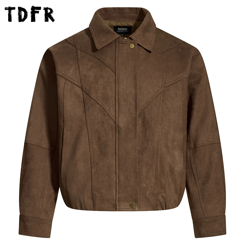 

Retro Spliced Suede Jacket Mens Autumn Winter Casual Loose Lapel Long Sleeve Zipper Outerwear Man