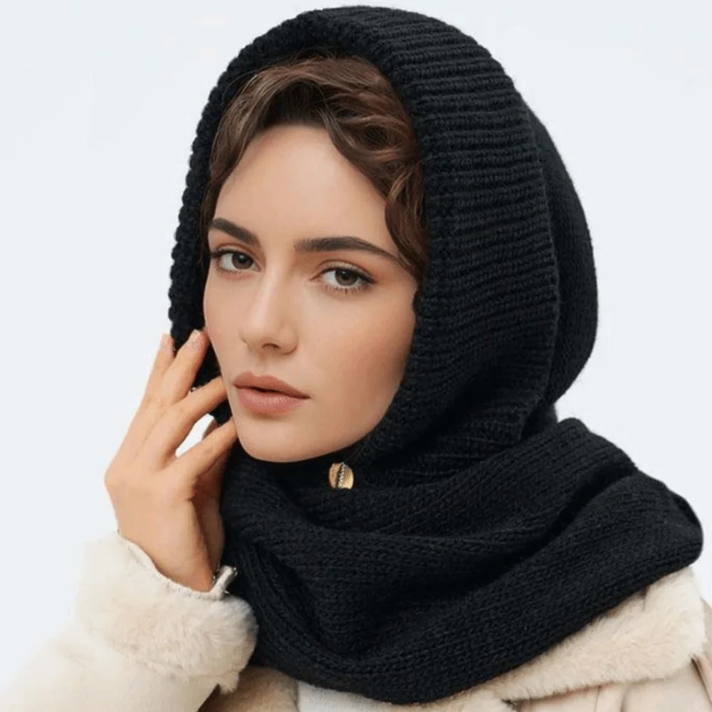 Niedliche, gestrickte Sturmhaube aus Wollmischung, einfarbig, warm, mit Kapuze, weiche, gekreuzte Kapuze, Mütze für Damen/Mädchen. – Detail 9