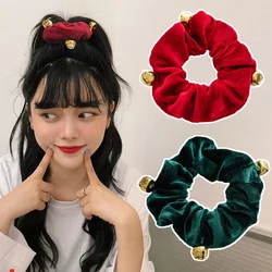 2024 New  Christmas Hair Scrunchies With Small Bell Velvet Plush Hair Ring Xmas Fashion Simple Hair Rope Girls Hair Accessories