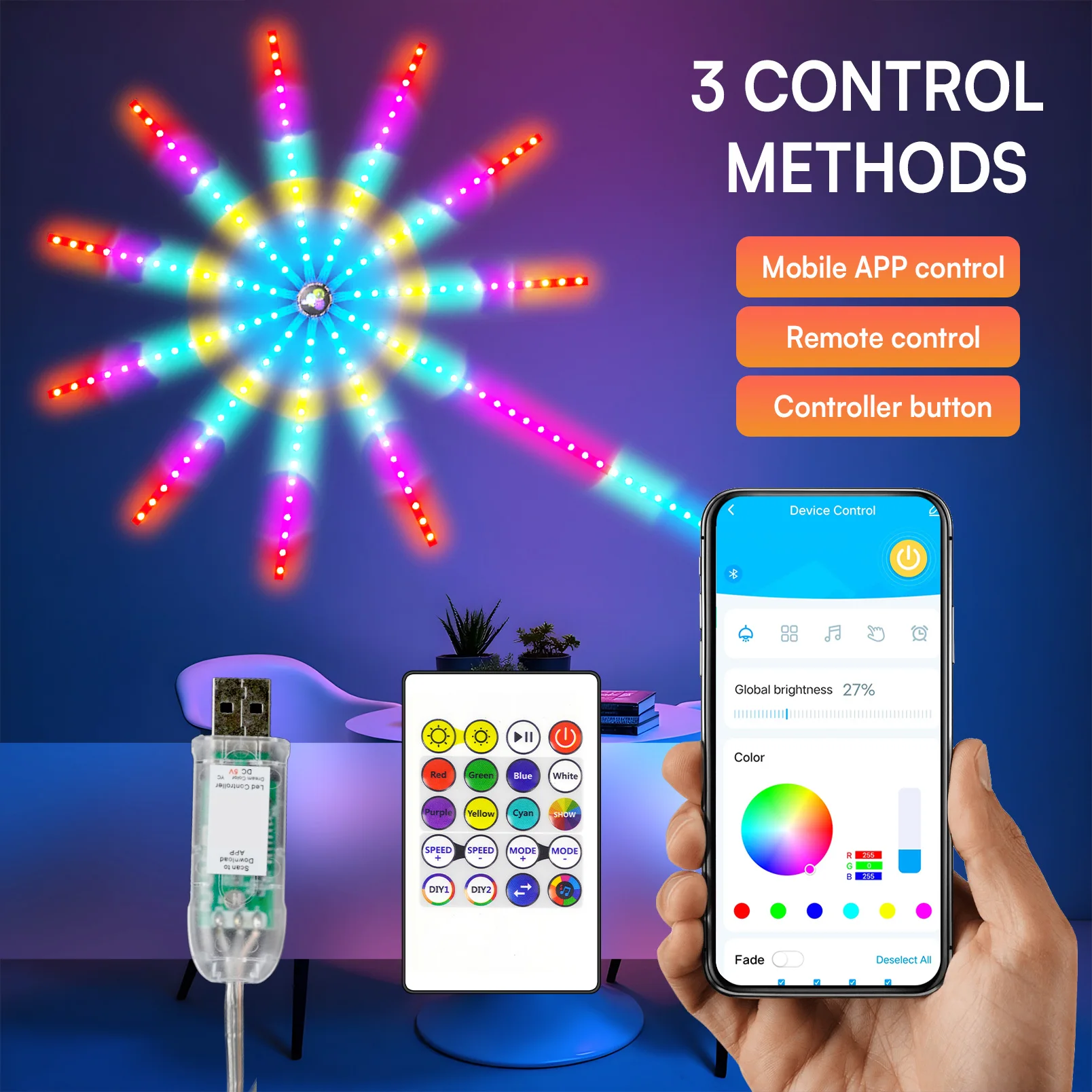 Luci LED per fuochi d'artificio intelligenti con telecomando e controllo tramite app, sincronizzazione del microfono musicale, cambio colore IC RGB per la decorazione di feste al coperto