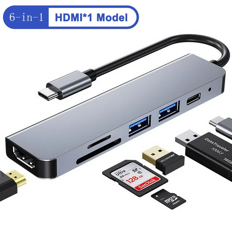 Hub USB C de 6 puertos a lector de tarjetas SD TF Compatible con HDMI 4K USB 3,0 2,0 HUB tipo C acoplamiento de carga para MacBook iPad Samsung