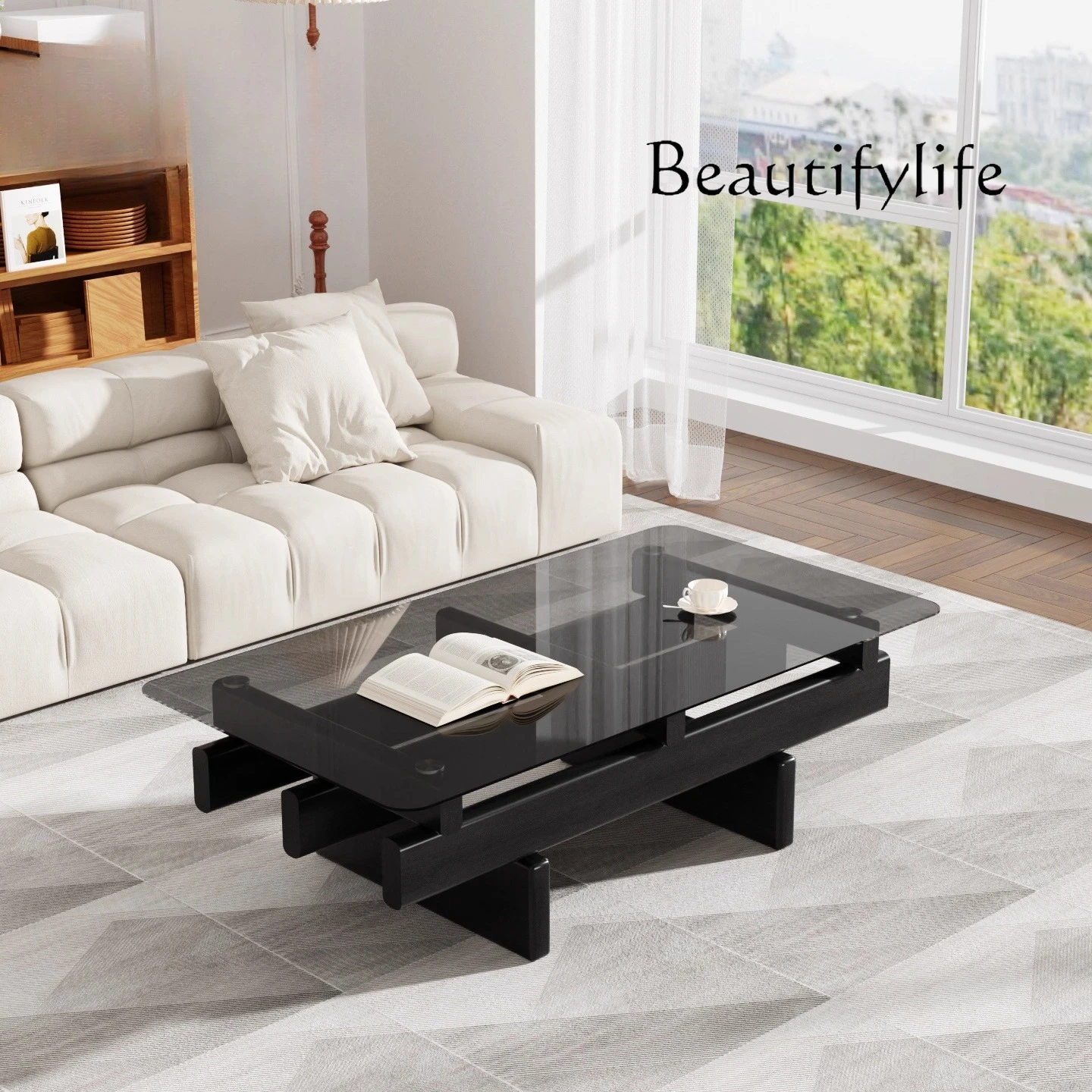 

French medieval style living room household small apartment rectangular ash wood gray tempered glass coffee table modern light