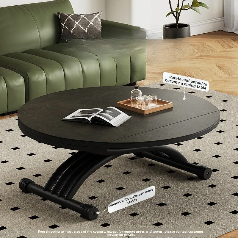 Small apartment lifting round folding coffee table, dining table dual-purpose integrated multi-living room  solid wood table