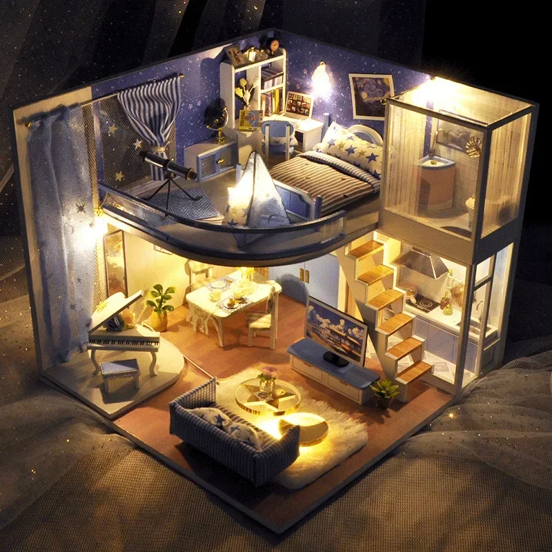 

DIY Handmade doll house music + LED light piano villa Duplex building wooden miniature dollhouse furniture telescope room toy