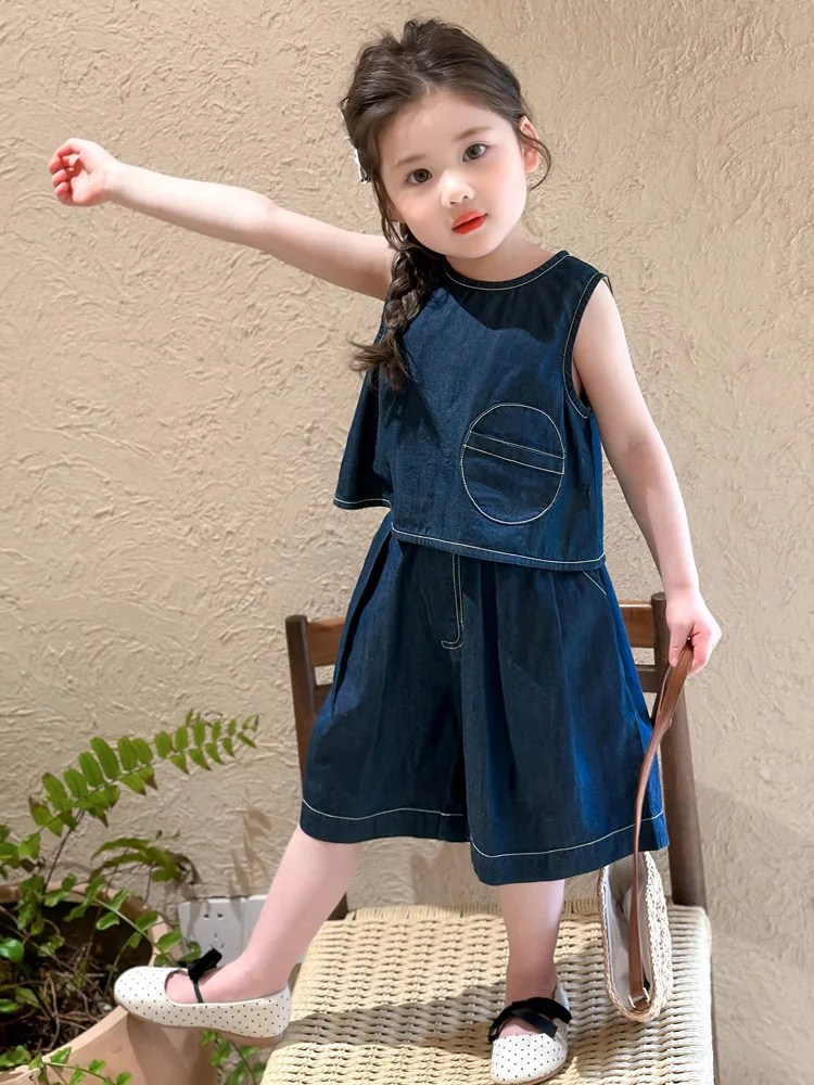 

Summer Baby Girls Cotton Stylish Button Back Denim Tank Shirt Top+Shorts Set Kids 2PCS Tracksuit Children Vacation Outfit 1-8 Yr