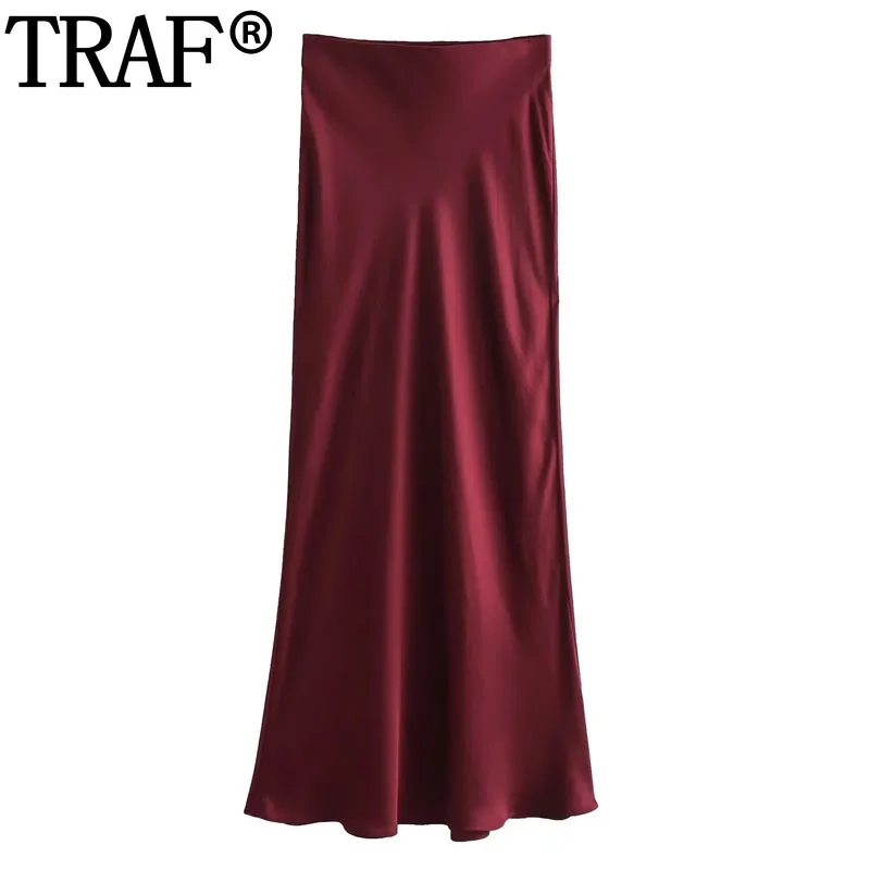 

TRAF 2024 Satin Long Skirts For Women High Waist Midi Skirt Stylish Autumn Basic Women Skirts Chic And Elegant Woman Skirt