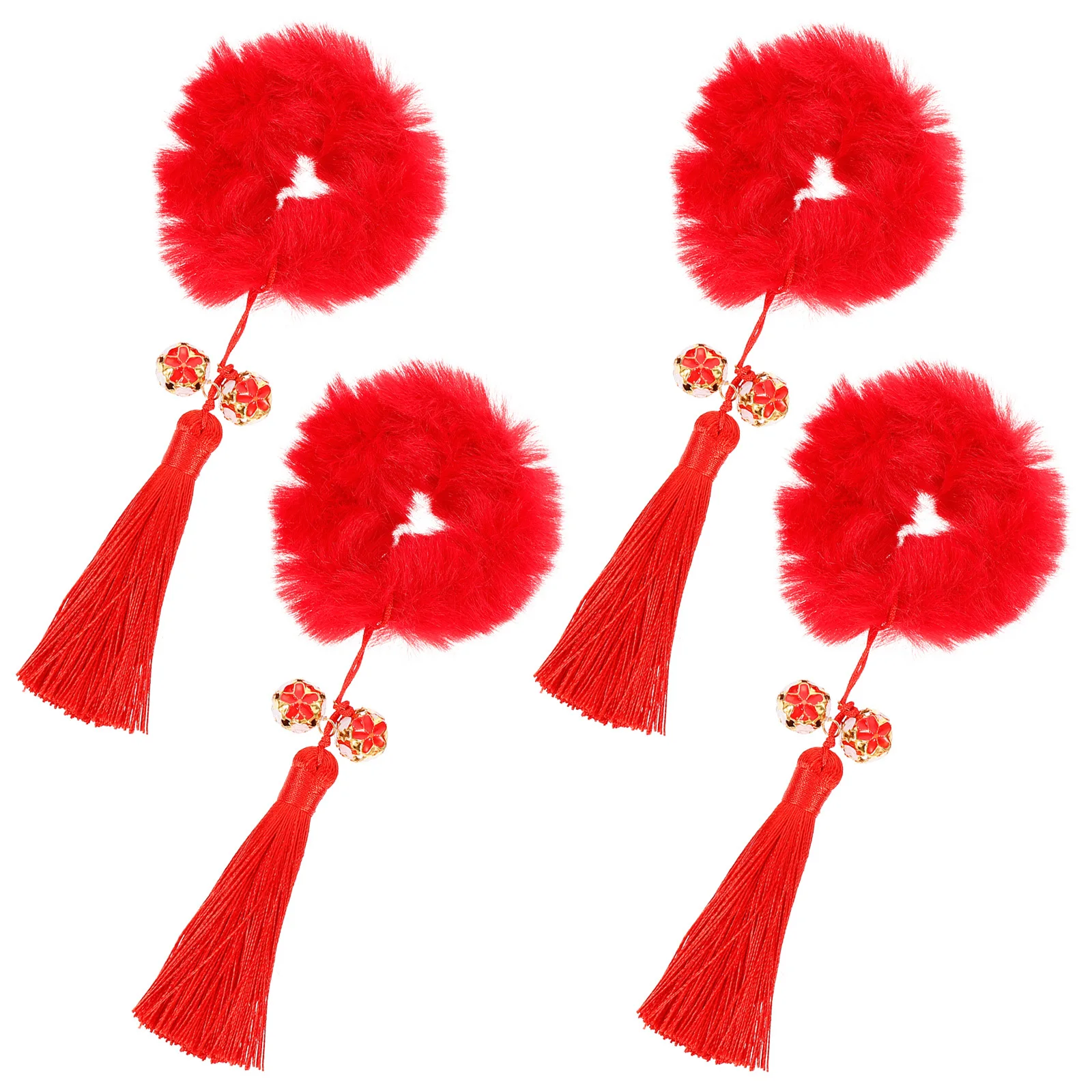 

2pcs Red Tassel Hair Rings Kids Adults Festival Ponytail Holders Party Headdress New Year Hair Accessories Spring Festival