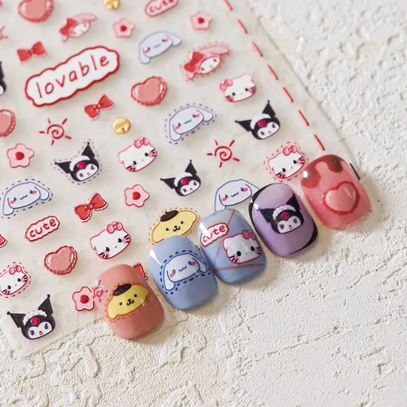 New 5D Cartoon Hello Kitty Nail Stickers Cute Gemini Nail Decoration Nail Decal Anime Kuromi Stickers for Nails Press on Sticker