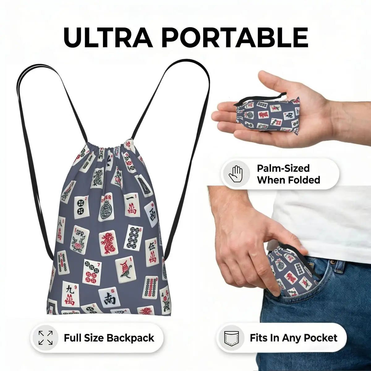 Mahjongg Game Tiles Design On Blue Color Drawstring Backpack Sports Gym Bag Portable Travel Drawstring Bag for Men Women