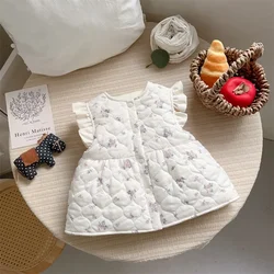 2024 Winter New in Kids Baby Girls Thicken Warm Floral Cute Clothing ,toddler Infant Fly-sleeve Big Bow Quilted Dresses 0-3Y