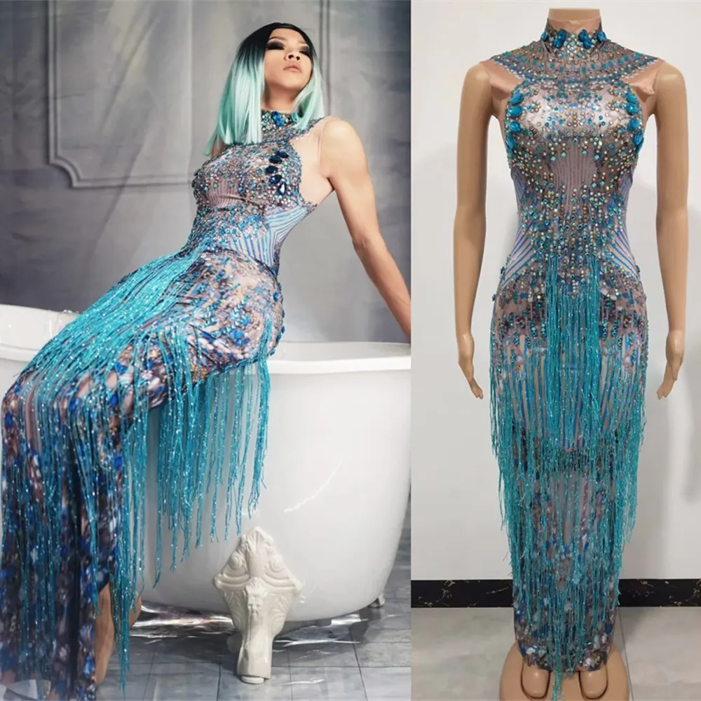 

Elegant Women Birthday Party Celebrate Rhinestones Tassel Long Dress Sleeveless Elastic Bodycon Singer Stage Performance Costume