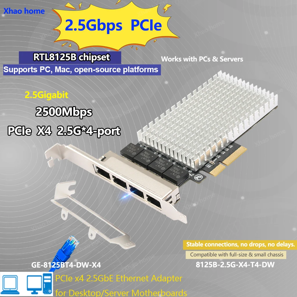 For Realtek RTL8125B PCIe x4 Ethernet Adapter NIC Network Quad Ports Card 2.5G Gigabit Ethernet Lan Card 10/100/1000/2500Mbps
