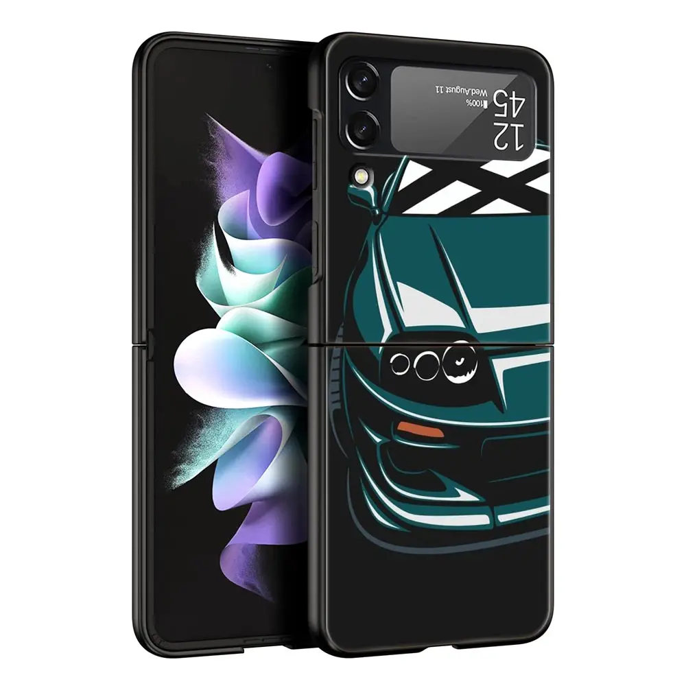 Phone Case For Samsung Galaxy Z Flip 3 4 5 Hard Black Folding PC Luxury For Samsung Z Flip3 Cover JDM Type R Civic Sport Car