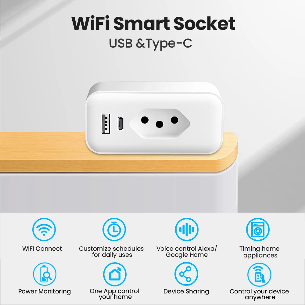 AVATTO Tuya WiFi Smart Brazil Socket with USB Type-C,Power Energy Monitoring,Work with Alexa Google Home