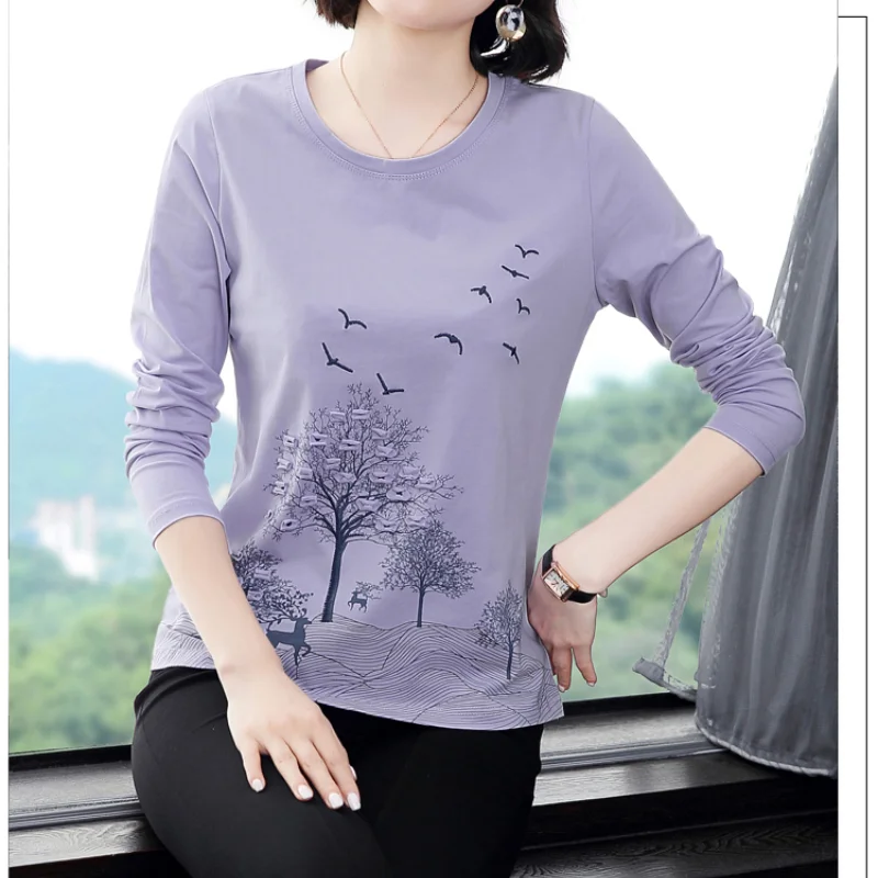 Spring and Autumn Women\'s Style Crew Neck Long Sleeve Loose Plus Size Pullovers Printed Embroidery Fashion Casual Tops