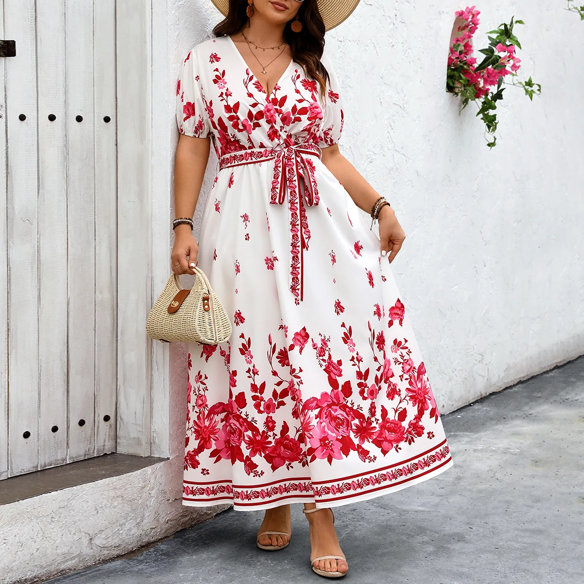 

Plus Size Vintage V Neck Floral Dress Oversized Women's High Waist Slim Fit Short Sleeve Summer Dress