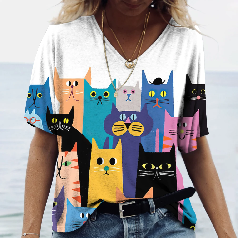 女性のための漫画の猫のプリントTシャツ,半袖,Vネック,カジュアルなカワイイTシャツ,女性のための楽しい服,ファッション,夏