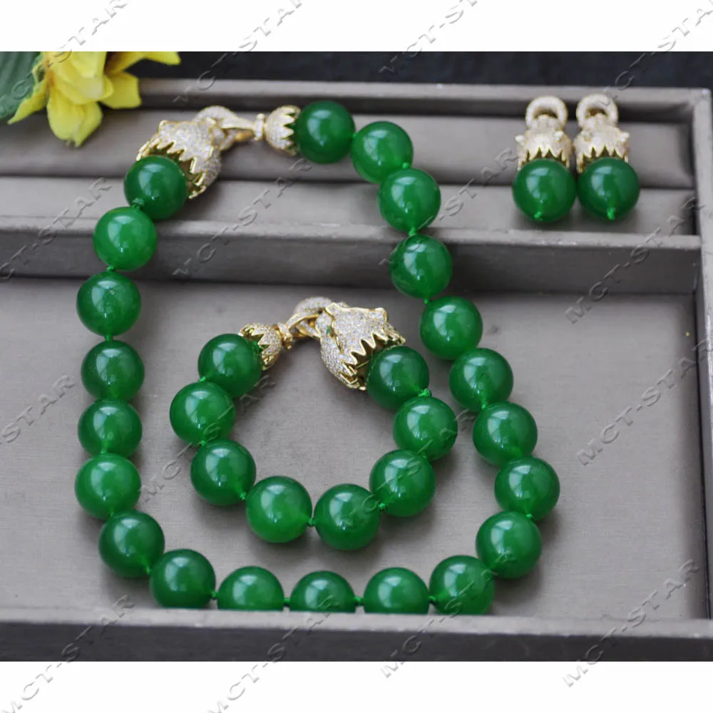 

Z14250 Set 20'' 20mm Green Round Jade Jasper Jaguar CZ Necklace Bracelet Earring