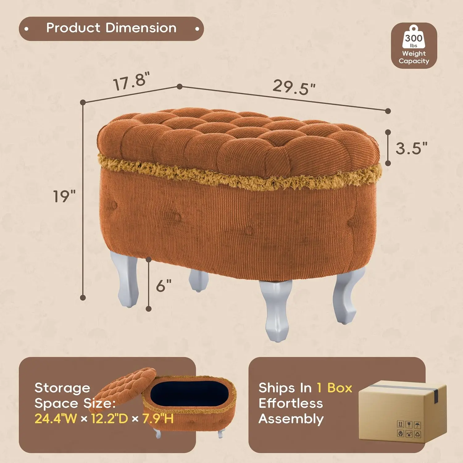Mid Century Modern Fabric Upholstered Ottoman With Storage, Wooden Living Room Sofa Ottoman Footrest, Entryway Storage Toy Box Foot Stool Accent Furniture for Bedroom, Orange