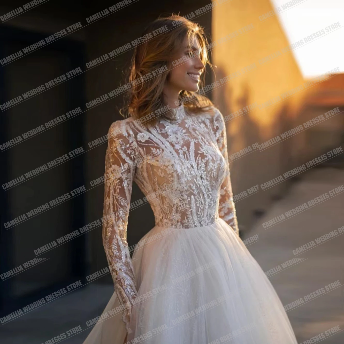 Boho Graceful A Line Wedding Dresses For Women Formal Sexy Lace Tulle Applique Long Sleeve High Neck Party Bridal Gowns Vestidos