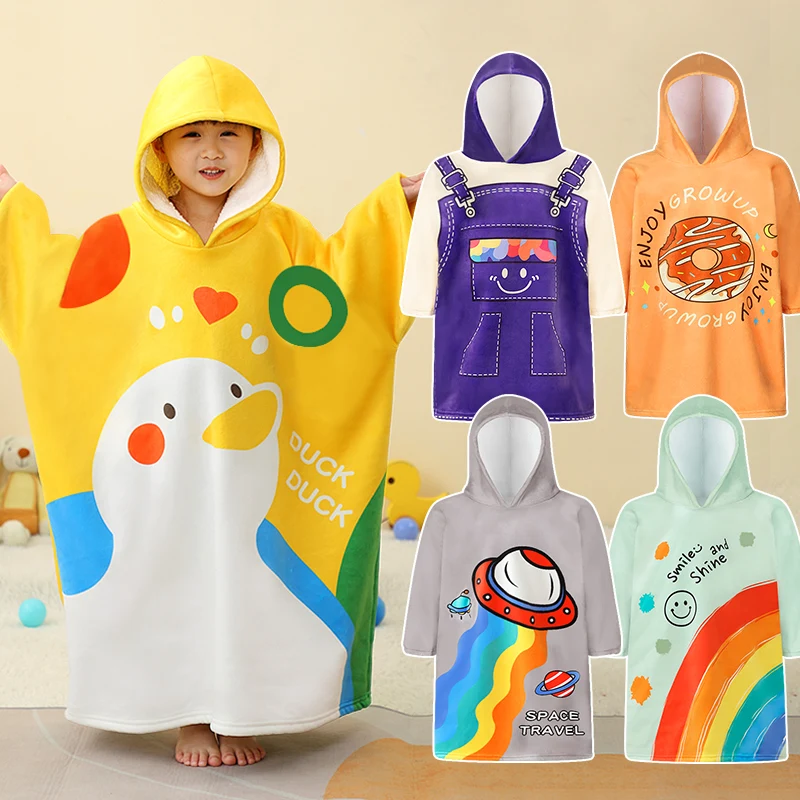 Kids Hooded Wearable Blanket Winter Thick Warm Baby Bath Poncho Towel Long Sleeve Children Bathrobe Absorbent Boys Girls Pajamas