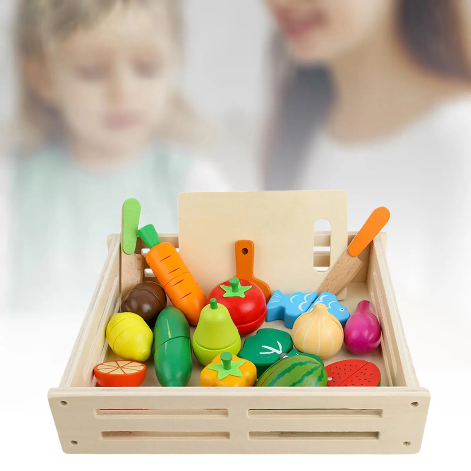 17Pcs Cutting Fruit Vegetables Set Basic Skills Development Kitchen Toys with Wood Box for Children Kids Gift 3 4 5 6 7 Year Old