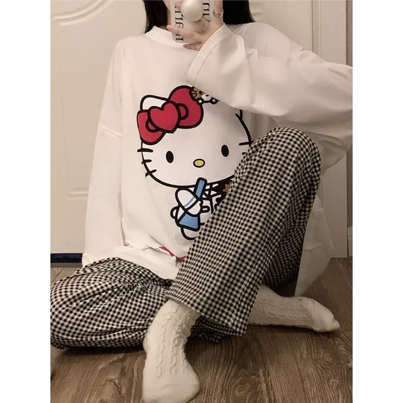 Sanrio осенние новые брюки с длинными рукавами Hello Kitty, комплект из двух предметов из чистого хлопка, женские пижамы, шелковые пижамы, женская