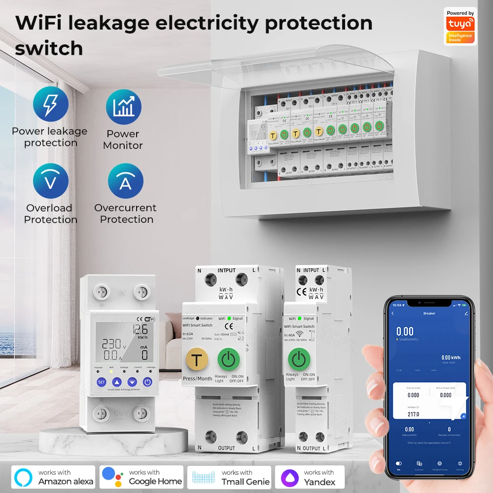 Tuya WIFI Smart Switch 40/63A Energy Meter Kwh Metering Circuit Breaker Timer With Voltage Current And Leakage Protection