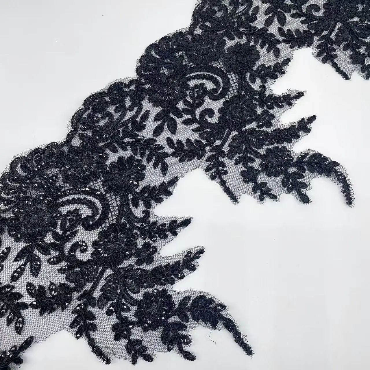 Delicado tela de cordón de lentejuelas negras de 1 yarda, flor de Venecia, apliques de encaje de malla de Venecia, artesanía de costura para boda, dec. 25cm de ancho