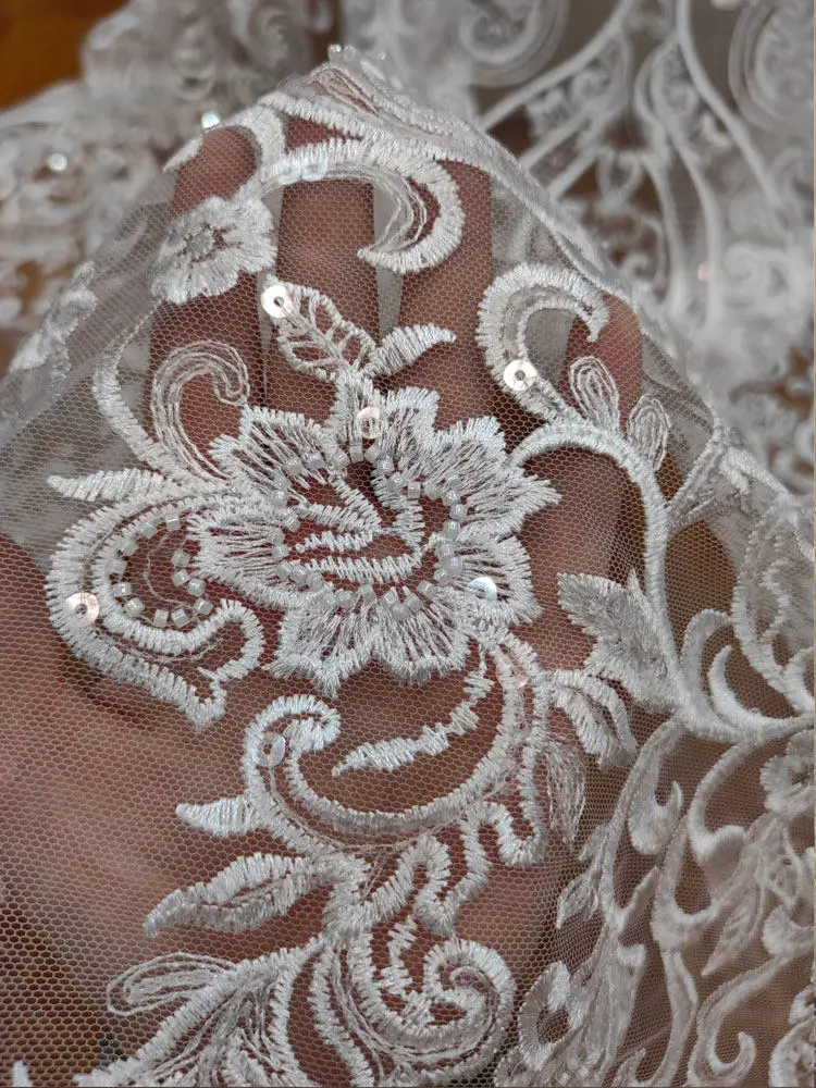 Premium classic Chinese embroidered beaded white sequin lace tulle ideal for DIY wedding gowns and women's dresses adding charm