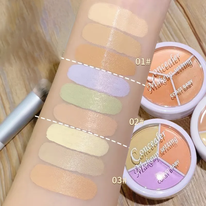 Paleta de base corretivo de 3 cores, à prova d'água, longa duração, cobertura completa, olheiras, marcas de acne, poros, ilumina o tom da pele