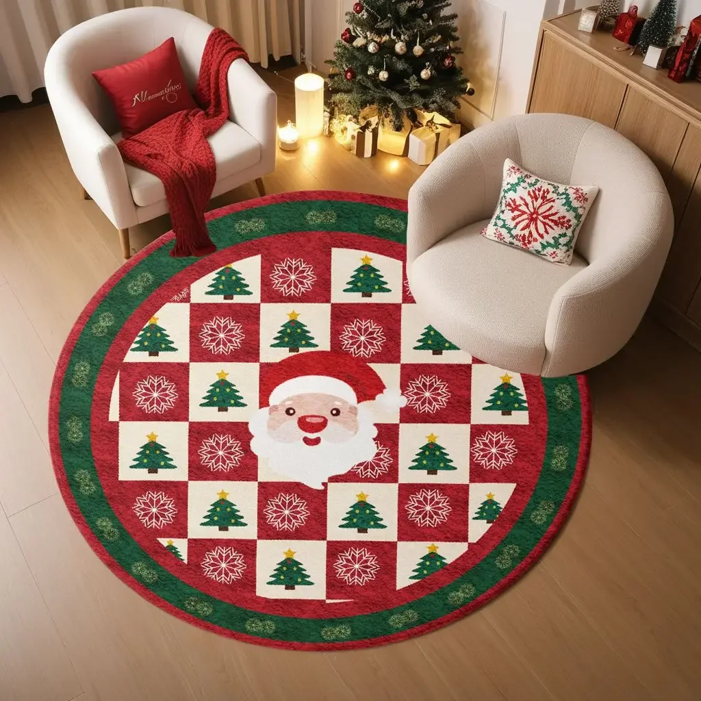 

New Christmas Holiday Decoration Round Carpet Tree Atmosphere in Stock Entrance Rugs Stain-resistant Washable Festive Foot mats