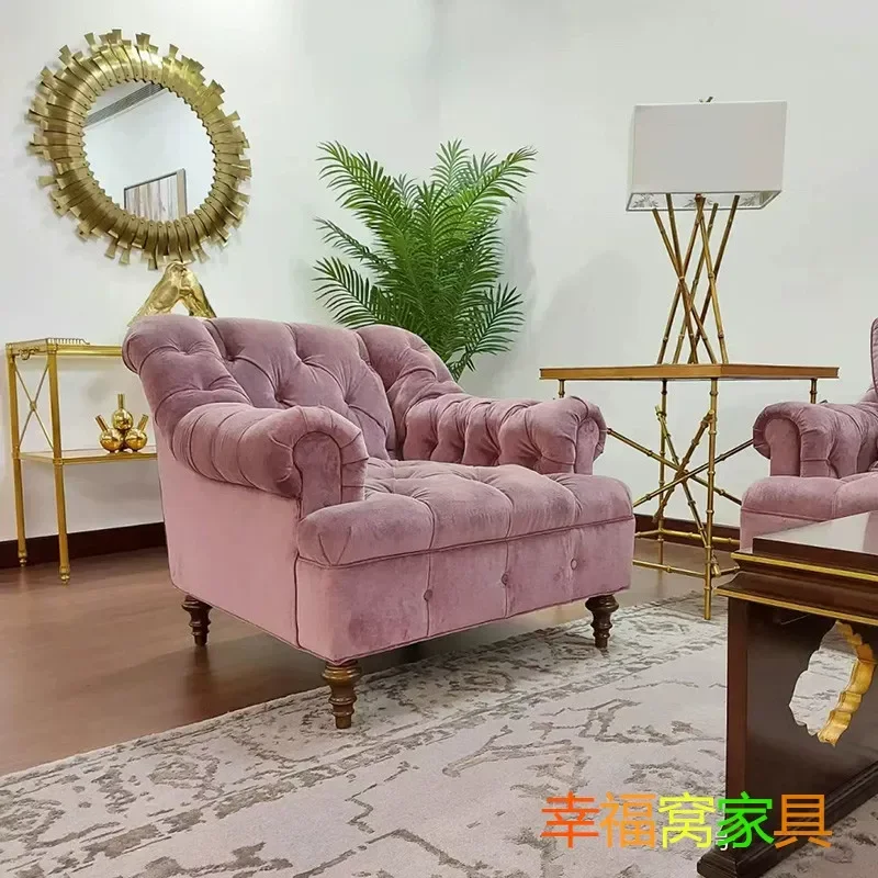 Simple American Fabric Buckle Living Room Combination Sofa Modern Pink Velvet Club Hotel Three Person Sofa
