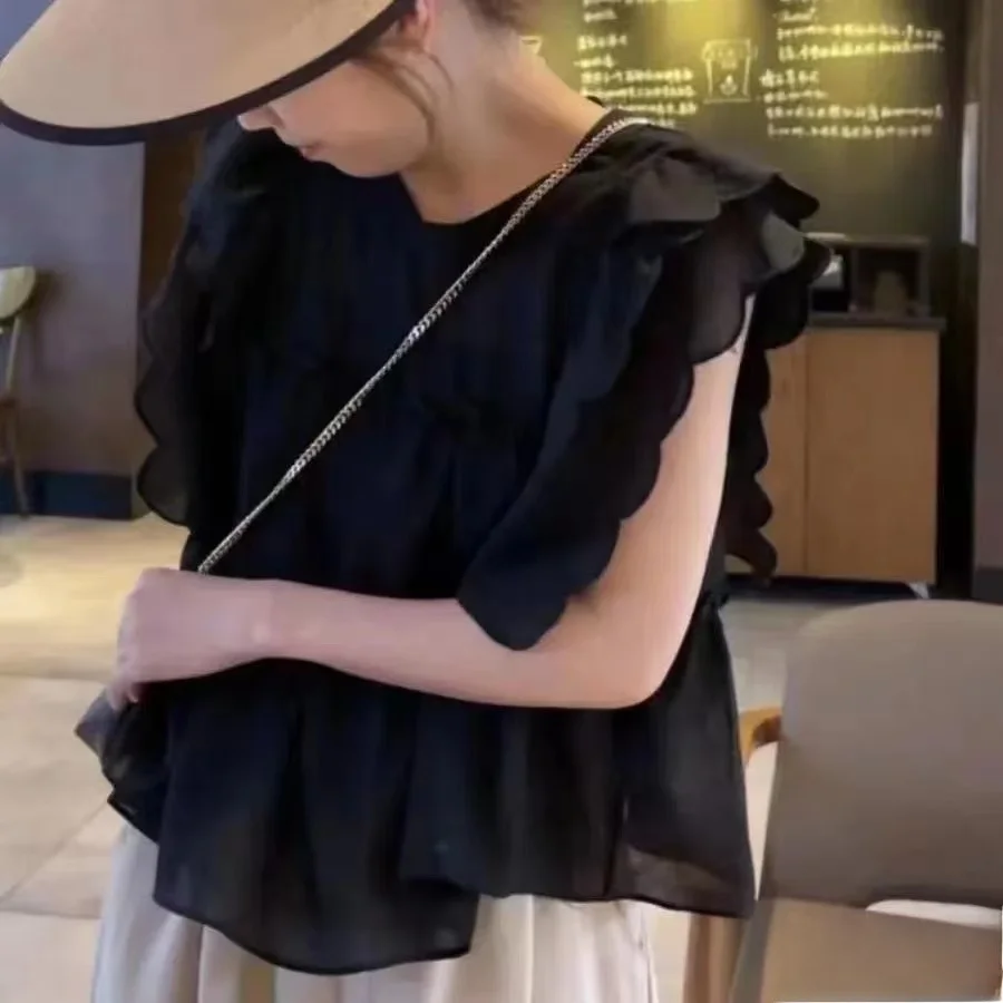 Sweet Doll Sle Loose Fit ronde ne blouse dames zomerirt met fly-sve ort-sve-top voor jonge professionals