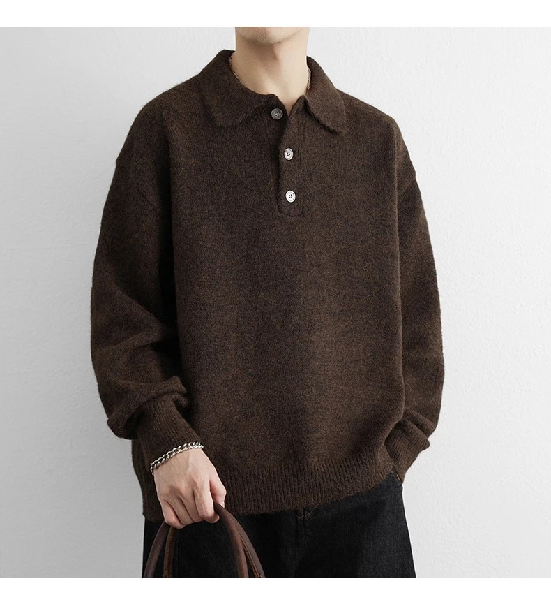 Autumn and Winter Men's American Style Loose Casual Polo Collar Warm Dark Gray Brown Green Turn-Down Collar Knit Sweater