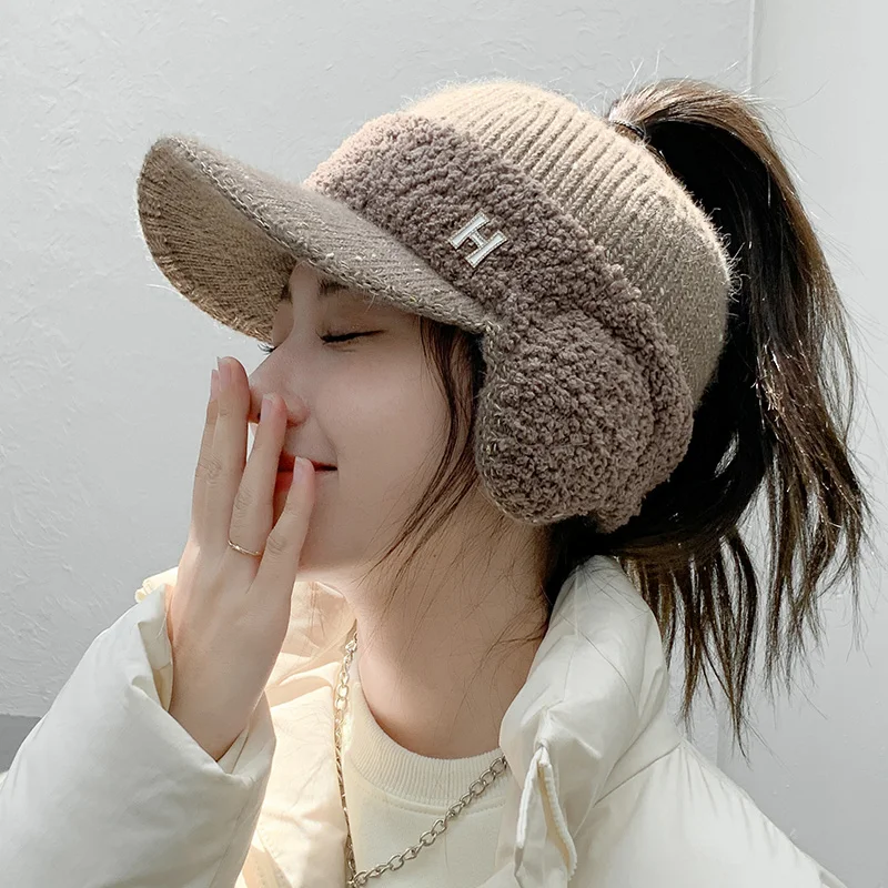 

CNTANG 2024 Fashion Trend With Earflaps Empty Top Baseball Caps Lambswool Knitted Women's Hat Autumn Winter Thicker Warm Cap